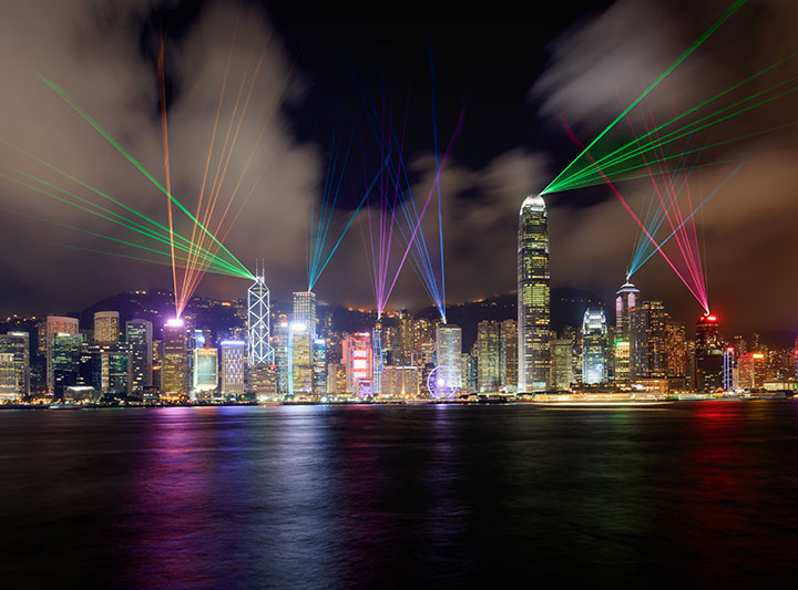 Beautiful laser show scenery of Victoria harbor, Hong Kong.
