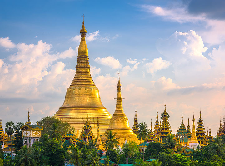 Yangon, Myanmar view of Shwedagon Pagoda at dusk.